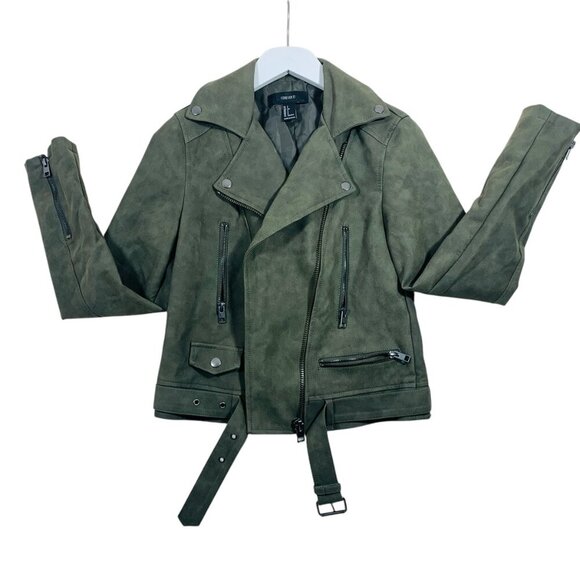 Forever 21 Distressed Faux Leather Olive Moto Jacket With Belt size small - Picture 12 of 16